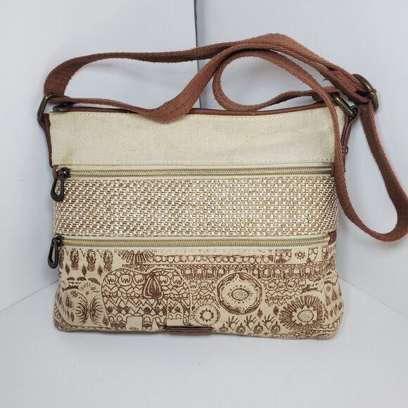 Sakroots Crossbody Purse Embroidered Brown Cream Bag Elephant Indian Boho - Picture 1 of 7